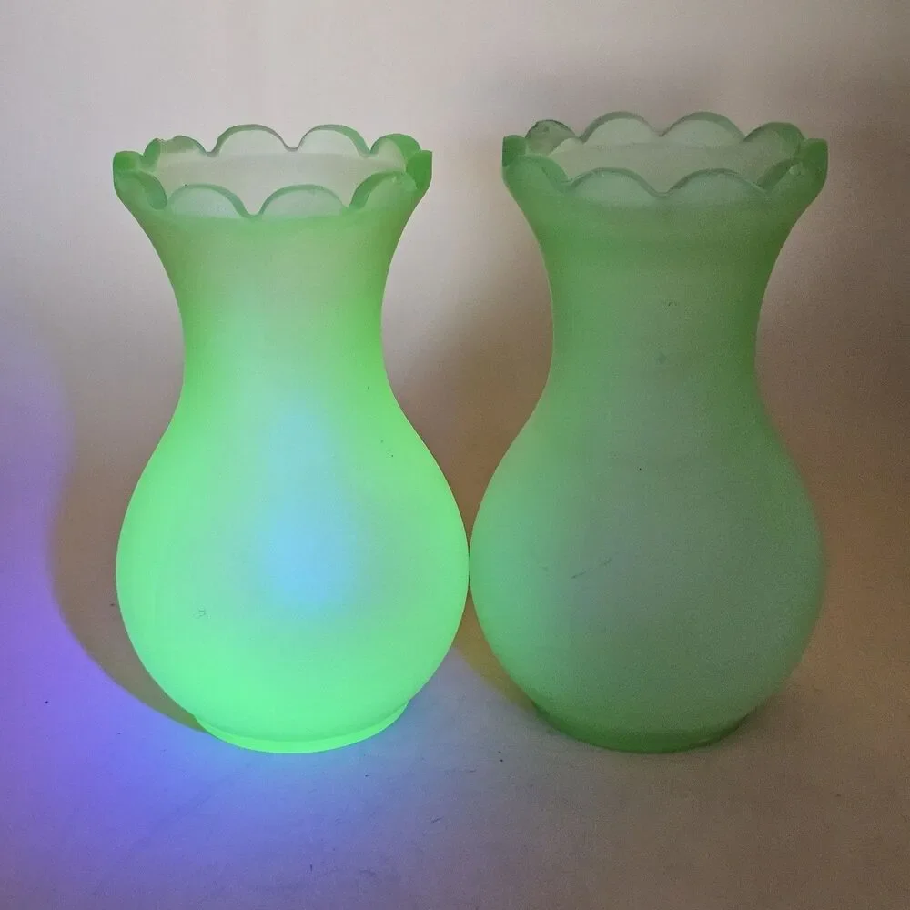 Vintage Viking Glass Frosted Green Uranium Glass Vases 6.25
